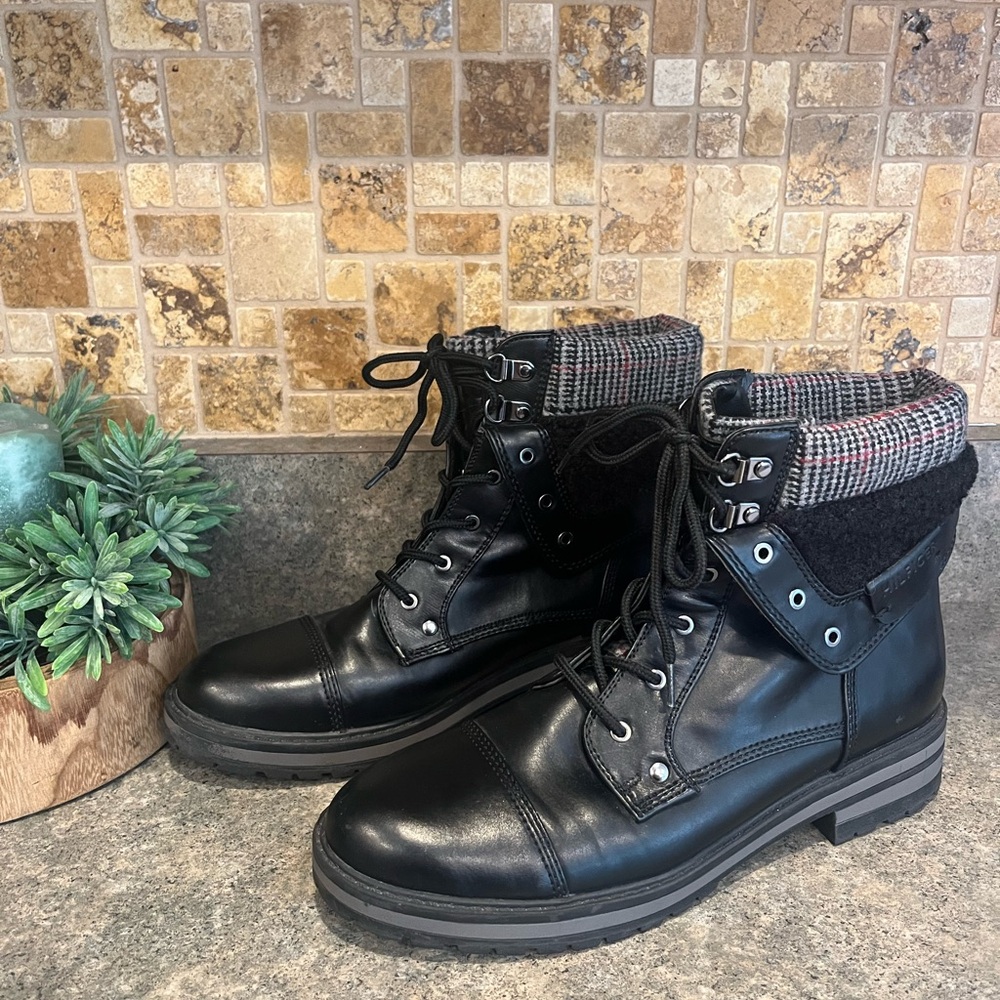 Tommy Hilfiger Black Leather Sole Lace-Up Boots with Plaid Cuff Gently Worn